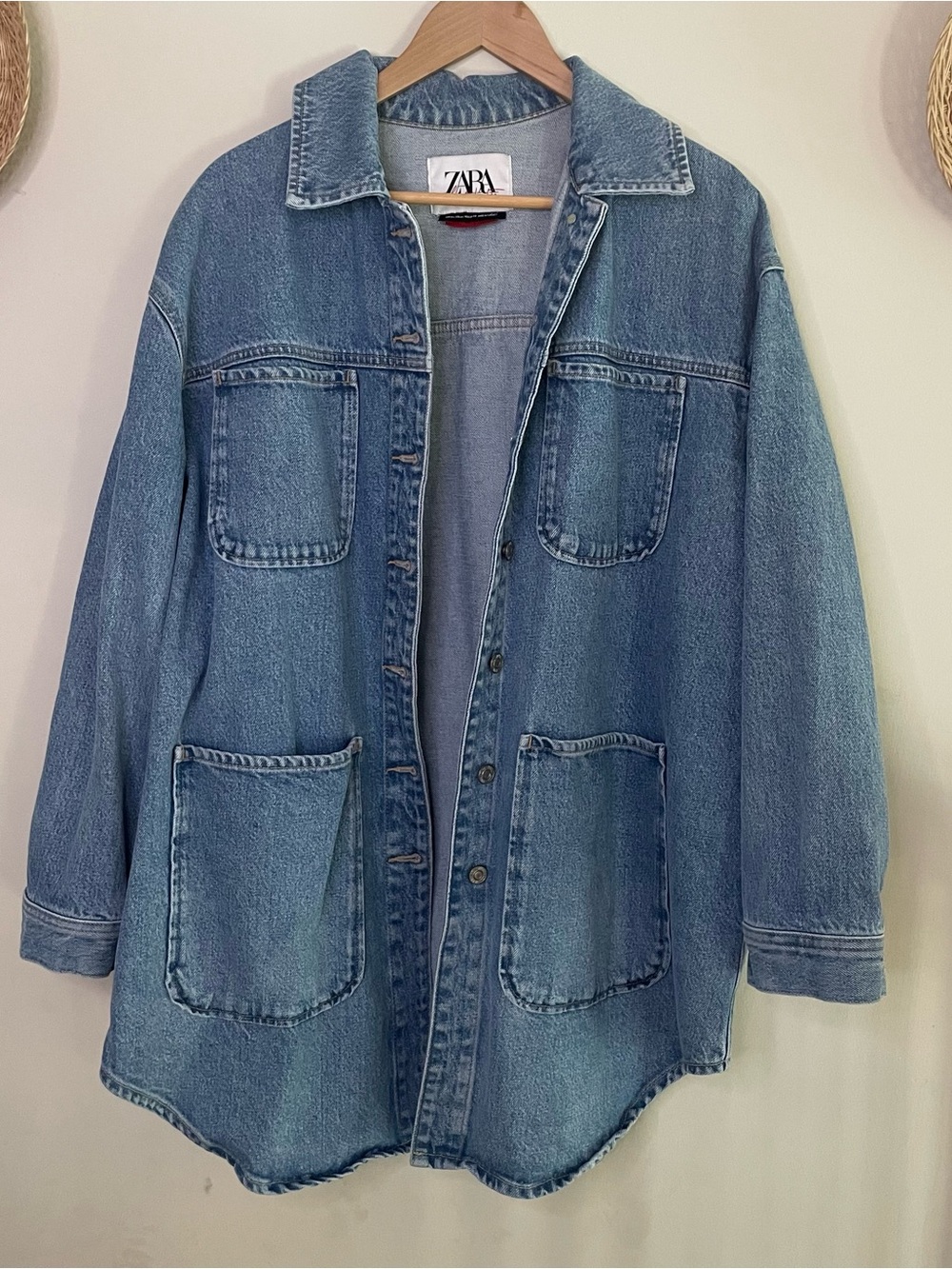 Zara Medium Blue Oversized Denim Jacket with Patch Pockets